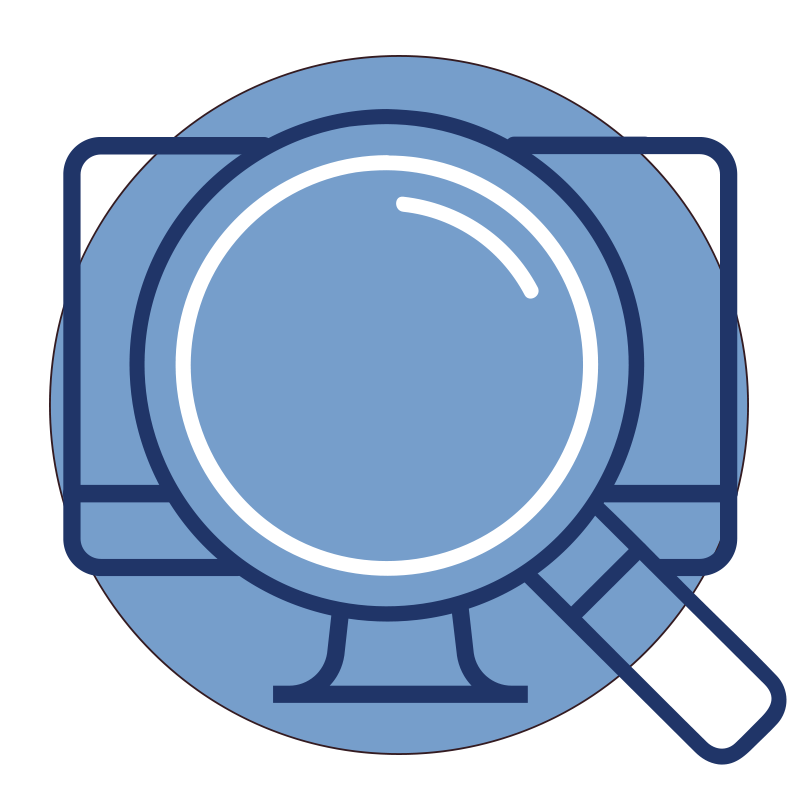 icon for "we assess" showing a magnifying glass looking into a monitor