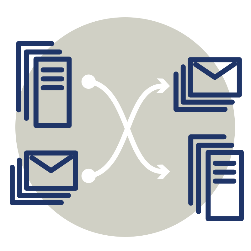 icon showing stacks of servers and emails connected by directional arrows