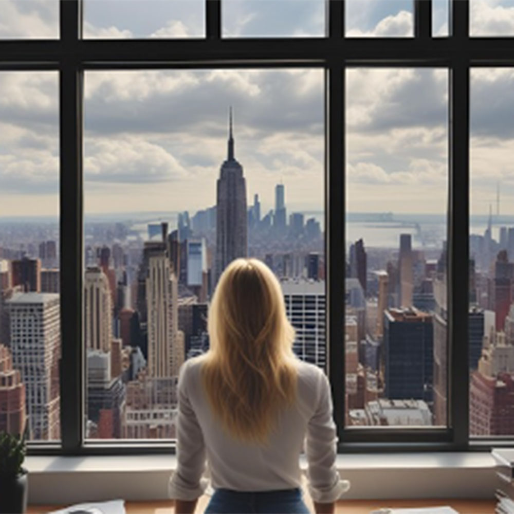 a woman looking out of a window at the Empire State Building