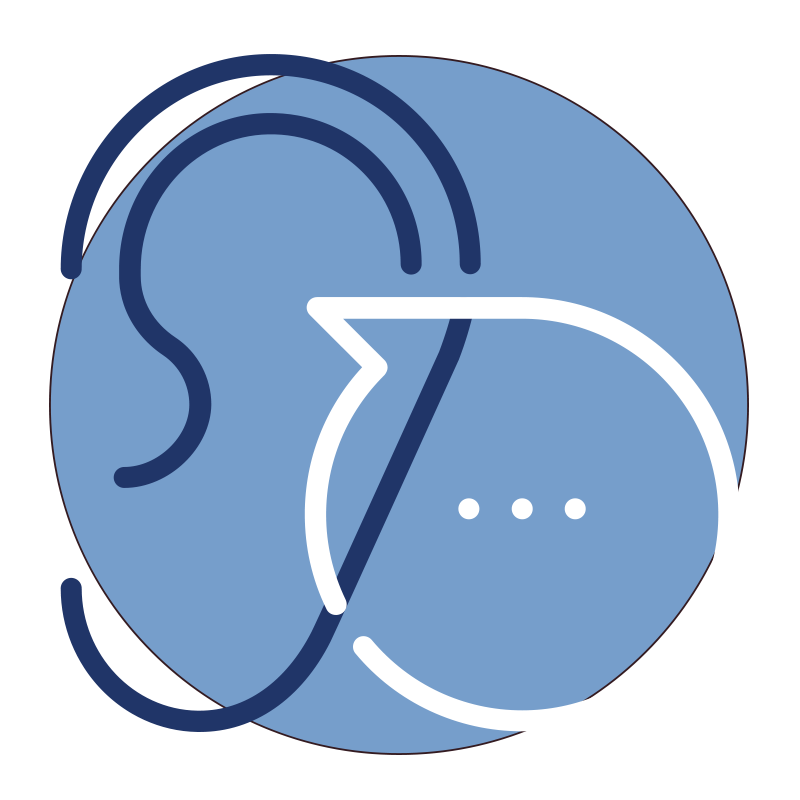 icon for listening showing an ear with a speech bubble