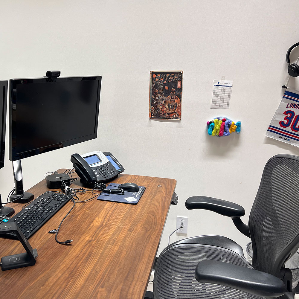 A desk in the DeepTech office with a large monitor and phone, and with fun artwork on the wall