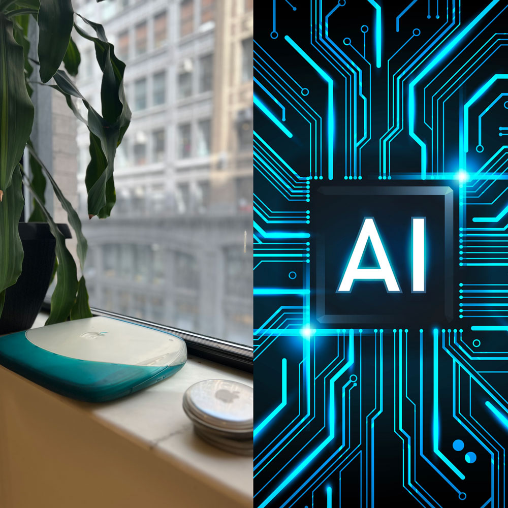 a split screen image of an old Apple laptop and an futuristic circuit board with AI superimposed
